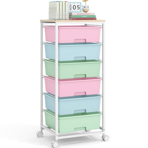 Rolling Storage Cart with 6 Drawers and Wooden Tabletop, Lockable Wheels Utility Cart for Art Studios, Office Supplies & Craft Room Organization (Rainbow) - color: Rainbow