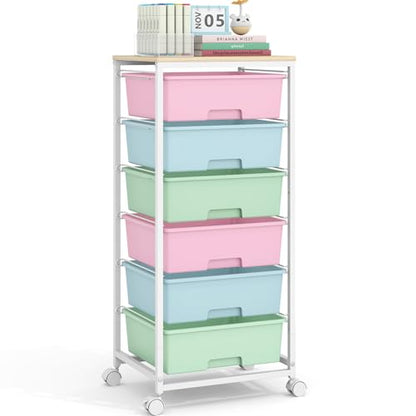 Rolling Storage Cart with 6 Drawers and Wooden Tabletop, Lockable Wheels Utility Cart for Art Studios, Office Supplies & Craft Room Organization (Rainbow) - color: Rainbow