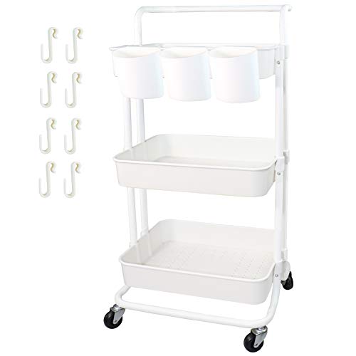 3 Tier Utility Rolling Cart Multifunction Organizer Shelf Storage Cart with 3 Pieces Cups and 8 Pieces Hooks for Home Kitchen Bathroom Laundry Room Office Store etc. (White) - color: White