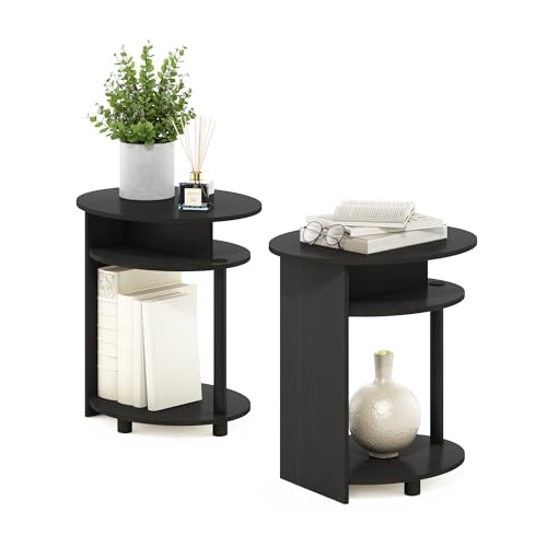 3-Tier Set of 2 Round End Table with Oval Tabletop, Bedside Table with Open Shelf, Night Stand, Side Table, for Bedroom, Living Room, Walnut - color: Walnut/Black, size: 3 Tier, Set of 2