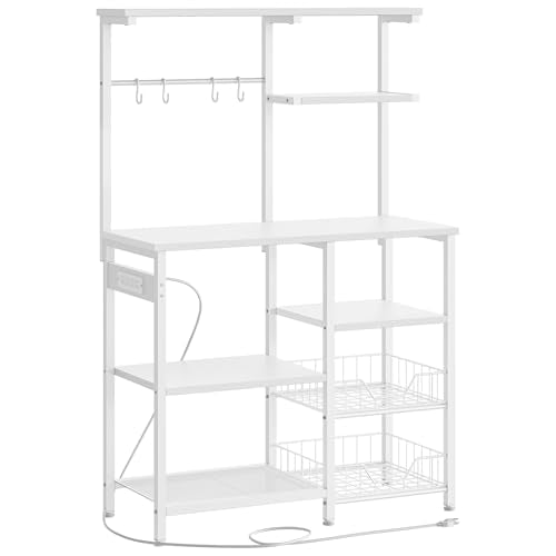 HOOBRO Large Bakers Rack with Power Outlets, 6-Tier Microwave Stand with 4 Hooks, Coffee Bar, Kitchen Shelf with Wire Basket, for Kitchen, Living Room, Office, White WW64UHB01 - color: White