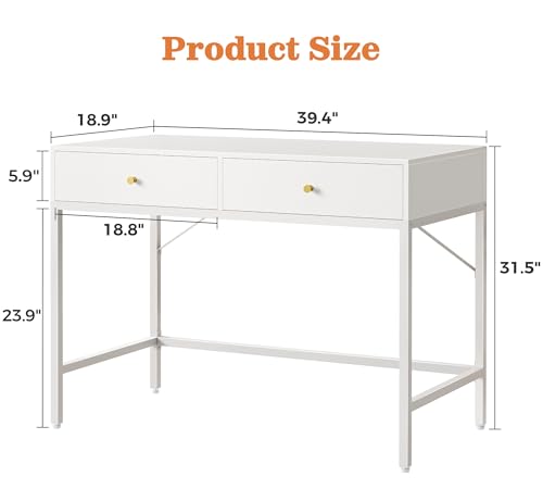 SUPERJARE 39.4" White Desk with 2 Drawers, Modern Makeup Vanity Desk, Small Computer Desk Home Office Desk for Writing Study Bedroom - color: White, size: 39.4 inch