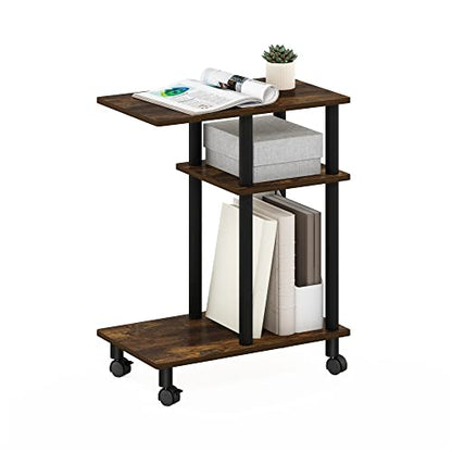 Furinno Turn-N-Tube Side Table, 3-Tier C-Shape End Table with Wheels, Toolless Assembly Night Stand, Bedside Table with Open Shelf, for Living Room, Bedroom, Amber Oak/Black - color: Amber Oak/Black