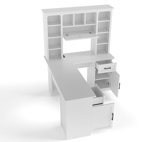 L-Shaped Home Executive Desk with 2 Cabinets and 2 Drawers, Computer Desk with Power Outlet, 11 Open Shelves and 1 Right Flip Shelf with Storage for Study, Living Room and Office (White-02) - color: White-02