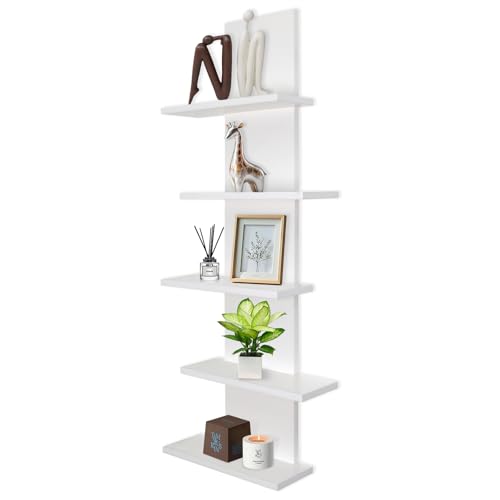 VIWODS 5 Tier Wall Shelf Unit-White Floating Shelves for Home Decor, Modern Unique Asymmetric Design for Bedroom & Living Room Storage - color: White, size: Big 5 Tier shelf