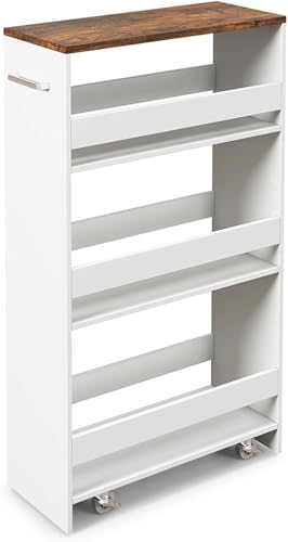 Slim Storage Rolling Cart, 4-Tier Side Out Shelving Unit with Handle, Mobile Organizer Utility Cart on Wheels for Laundry, Bathroom, Office, Kitchen, Narrow Places (White & Brown, Extra Width) - color: White & Rustic Brown, size: 8" x 19" x 32"(D x W x H)