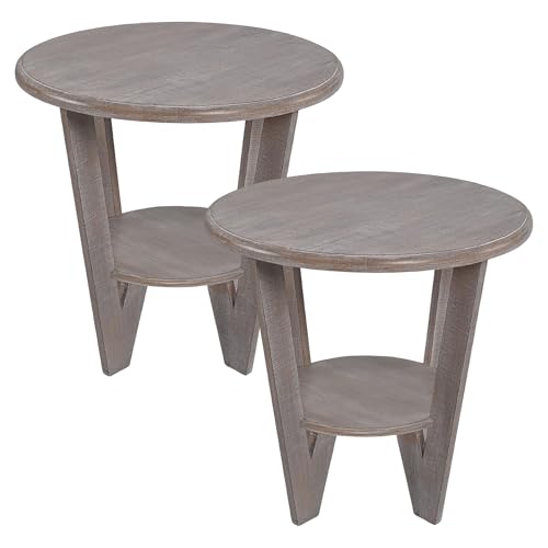 Set of 2 Rustic Farmhouse end Table with Storage Shelf, French Country Accent Side Table for Family, Dinning or Living Room, Small Spaces, Modern, Round, Vintage Grey Finish - color: Straight Leg