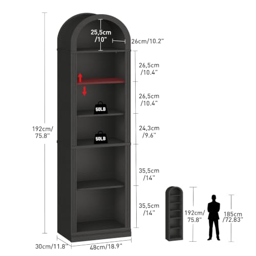 RALGEND Arched Bookshelf, 75.8" Tall Narrow Bookshelf, Arch Bookcase with Storage, 6-Tier Farmhouse Book Shelf, Wooden Arched Cabinet with Open Display Shelves, Adjustable Shelf, Black - color: Black, size: 18.9"L x 11.8"W x 75.8"H