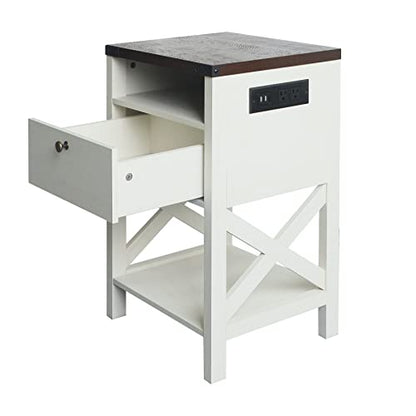 Rainbow Sophia Nightstand with Charging Station, Modern End Table with Drawer, Bedside Table with Open Storage, Vintage White/Espresso