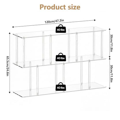 3-Tier Acrylic Low Bookshelf 11.8''D X 47.2''W X 24.6''H Clear Long Bookcase with Large Storage Cube Organizer Shelf Easy Assembly for Office Living Room Bedroom