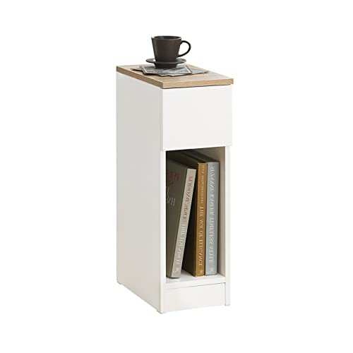SoBuy Nightstand Narrow Night Stand Modern Design Bedside Furniture Slim End Table Storage Cabinet with Sliding Drawer and Open Compartment, White & Natural FBT111-WN | Slim Dorm Bedsid Table with Open Compartment, White & Natural FBT111-WN