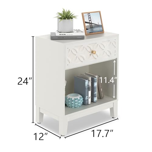 White Nightstand with Drawer and Open Shelf, 17.7 W | Modern Bed Side Table for Bedroom, Small End Table for Small Spaces, Living Room, Easy Assembly