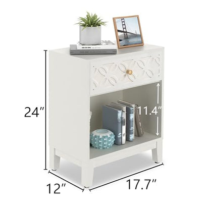 White Nightstand with Drawer and Open Shelf, 17.7 W | Modern Bed Side Table for Bedroom, Small End Table for Small Spaces, Living Room, Easy Assembly