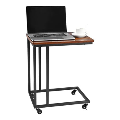 VEVOR C Table, C Shaped Sofa Side Table with Metal Frame Rolling Casters, Portable C Shaped End Stand for Living Room Bedroom Office, 19.69 x 13.78 x 23.82 inches Laptop Side Tables, Brown and Black - style: Normal