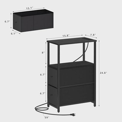 TUTOTAK Narrow End Table, Skinny Side Table with Charging Station | Bedside Table with Outlets, Slim Nightstand with 2 Cloth Drawers for Small Space, Living Room, Bedroom, Black TB01BK085 - color: Black, size: 1 Pack (2 Drawers), style: With Plug