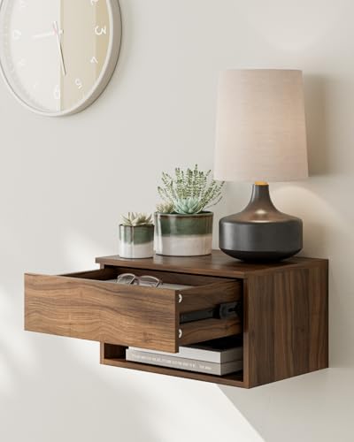 Floating Nightstand, Small Modern Floating Nightstand with Drawer, Floating Shelves for Bedroom, Bathroom (Brown Walnut) - color: Brown Walnut