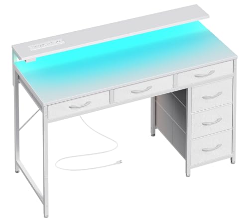 Huuger Gaming Desk with 6 Drawers, Computer Desk with LED Lights Power Outlets and Type-C, 39 Inch Office Desk with Storage, Monitor Stand, Writing Work Desk Home Office, Bedroom, White - color: White, size: 39 inch