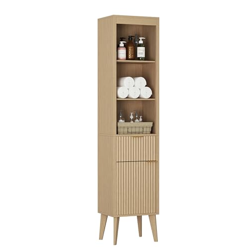 70" H Tall Storage Cabinet, Fluted Freestanding Floor Organizer for Bathroom, Kitchen Pantry, Utility Room, w/Drawer & Adjustable Shelves, Modern Accent in Natural Wood - color: Natural Wood, size: 11.85"D x 15.35"W x 69.69"H