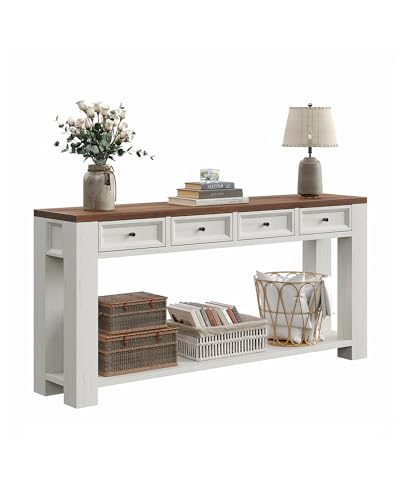 FUSOU 63 Inch Console Table, Sofa Table Behind Couch, Entryway Table with 4 Drawers & Open Shelf, Farmhouse Sofa Table for Living Room (White) - color: White