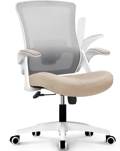 NEO CHAIR Office Desk Gaming Chair Computer High Back Mesh Seat with Rolling Wheels Ergonomic Adjustable Comfy Flip-up Armrests Lumbar Support Height for Home (Beige White Frame) - color: Beige