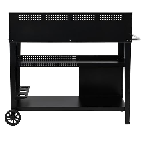 Royal Gourmet PC4401B 3-Tier Dining Cart with Wind Guard, Sturdy Structure and Ample Storage Shelves, for Indoor & Outdoor use，with Bottle Opener, Hooks, Wine Rack, Multifunctional Side Handle, Black | with Bottle Opener, Hooks, Wine Rack, Multifunctional