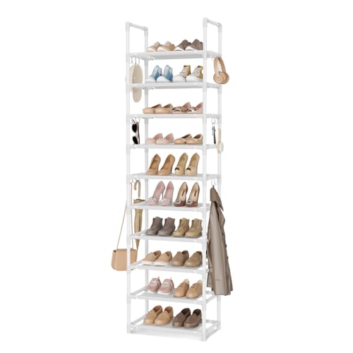 VTRIN 10 Tiers Tall Shoe Rack Holds 20-25 Pairs of Shoes Sturdy Vertical Shoe Organizer with 18pcs Hooks Stackable Narrow Shoe Rack for Closet, Entryway White - color: White, size: 17" Wide - 10 Tier