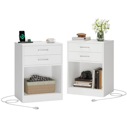 ADORNEVE White Nightstand Set of 2,Night Stand with Charging Station | Bedside Table with Drawers,Night Stands for Bedrooms Set of 2,Bed Side Tables Bedroom Set of 2 - color: White