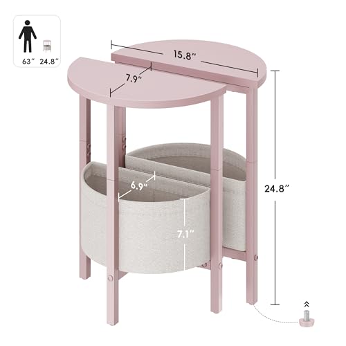 Vagusicc Small Round Side Table, Accent End Table with Storage Basket, Set of 2 Half Round Coffee Table End Table, Half Moon Bedside Table, Modern Nightstand Couch Table for Living Room Bedroom, Pink - color: Pink
