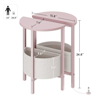 Vagusicc Small Round Side Table, Accent End Table with Storage Basket, Set of 2 Half Round Coffee Table End Table, Half Moon Bedside Table, Modern Nightstand Couch Table for Living Room Bedroom, Pink - color: Pink