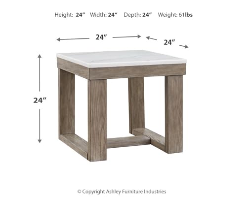 Signature Design by Ashley Square Marble End Table, 24 in, Grayish Brown | Premium natural stone surface for unique character, Sturdy oak veneer and MDF substrate trestle base, Loyaska Series - color: Two Tone