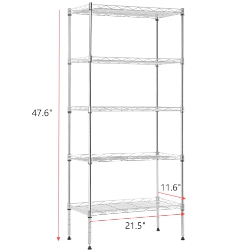 BLKMTY 5 Tier Wire Shelving, Narrow Storage Metal Shelf, Standing Shelf Units, Adjustable Garage Shelving, 750 lbs Capacity, Commercial Shelves, 11.6" D x 21.5" W x 47.6" H, Chrome - color: Chrome, size: 5 Tire: 11.6" D x 21.5" W x 47.6" H