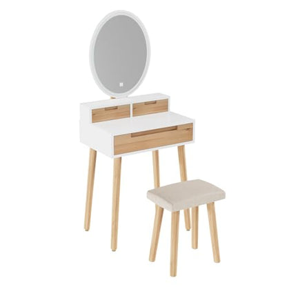 YOURLITE Small Makeup Vanity Desk with Lights, Compact Vanity Desk with Adjustable Brightness Mirror for Small Spaces, Dressing Table with Drawers and Storage Shelves - size: 24", style: Oval Mirror Wooden with shelf