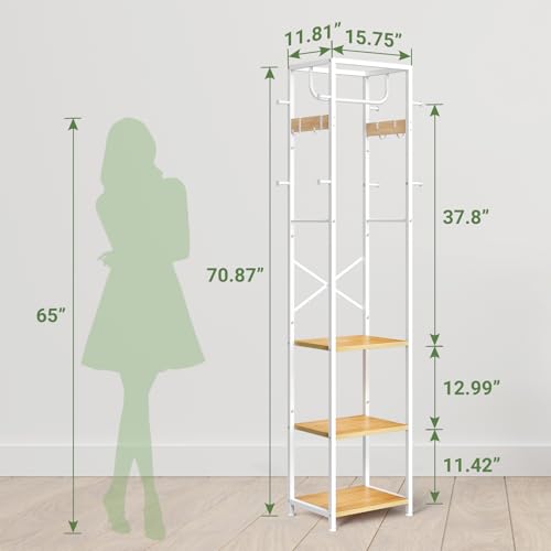 ELYKEN Coat Rack Freestanding, Hall Tree with 3 Storage Shelves and 12 Hooks, Industrial Clothes Rack Stand Organizer for Bedroom, Hallway, Entryway, Office, Living Room - color: Natural