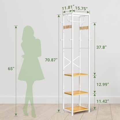 ELYKEN Coat Rack Freestanding, Hall Tree with 3 Storage Shelves and 12 Hooks, Industrial Clothes Rack Stand Organizer for Bedroom, Hallway, Entryway, Office, Living Room - color: Natural