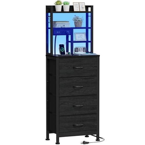 Tall Nightstand, LED Night Stand with Charging Station | USB Ports, 4 Fabric Drawers and 4 Tier Storage Shelf, Nightstands Bedside Tables for Bedroom, Dorm, Office (Black Oak) - color: Black Oak, size: 4 Drawer