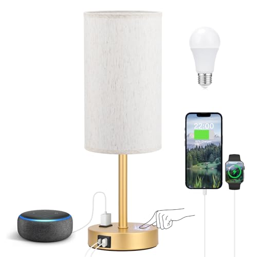 Fenmzee Touch Table Lamp - Cream, 3-Way Dimmable, USB A + C Charging, AC Outlet, 17.4inch Medium, Gold Metal Base - color: Cream - Gold, size: 17.4" Touch Control