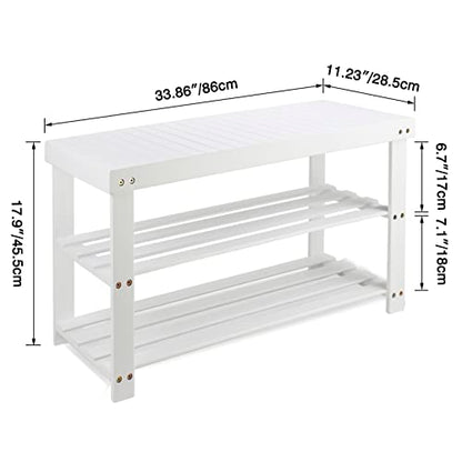 SMIBUY Bamboo Shoe Rack Bench, 3-Tier Shoe Organizer Storage Shelf for Entryway Hallway Bathroom Living Room (White) - color: White