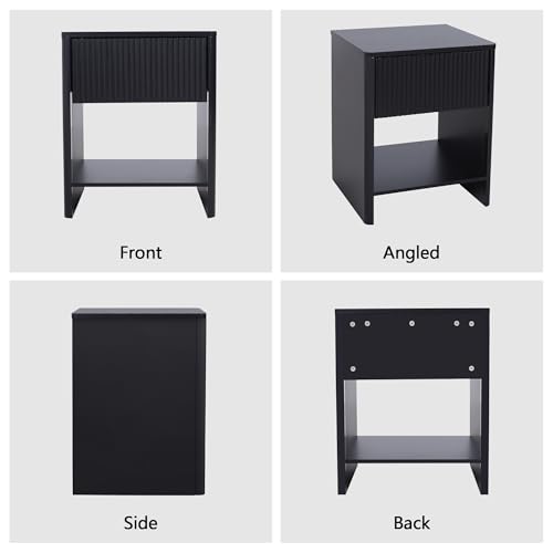 Mid Century Modern Night Stand with Drawer, Black Nightstand for Bedroom, Small End Table with Storage, Living Room/Bed Side Table with Drawer for Small Spaces, Fluted Cabinet Wood Nightstand - color: Black