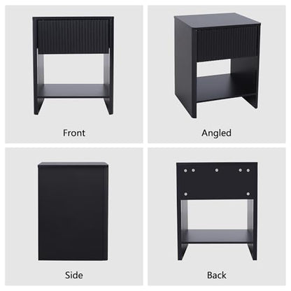 Mid Century Modern Night Stand with Drawer, Black Nightstand for Bedroom, Small End Table with Storage, Living Room/Bed Side Table with Drawer for Small Spaces, Fluted Cabinet Wood Nightstand - color: Black