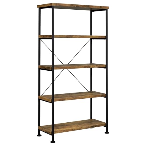 Coaster Home Furnishings Analiese Rustic Industrial 4-Tier Bookcase Etagere Bookshelf Office Storage Book Shelf Engineered Eco-Friendly Wood Look Laminate Sturdy Black Steel Base Rustic Nutmeg 801542 - color: Rustic Nutmeg