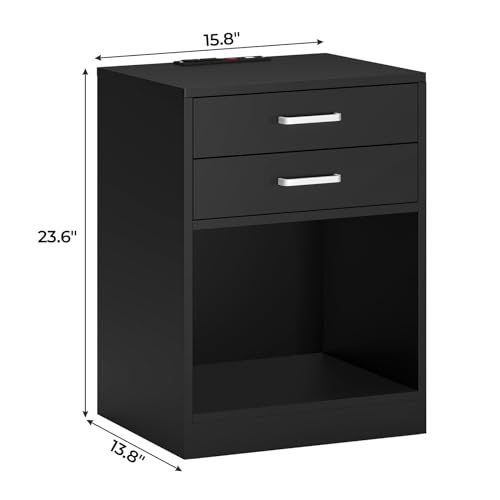 ADORNEVE Black Nightstand Set of 2,Bedside Table with Drawers | Nightstand with Charging Station,Night Stands for Bedrooms Set of 2,Bed Side Tables Bedroom Set of 2 - color: Black