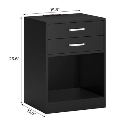 ADORNEVE Black Nightstand Set of 2,Bedside Table with Drawers | Nightstand with Charging Station,Night Stands for Bedrooms Set of 2,Bed Side Tables Bedroom Set of 2 - color: Black