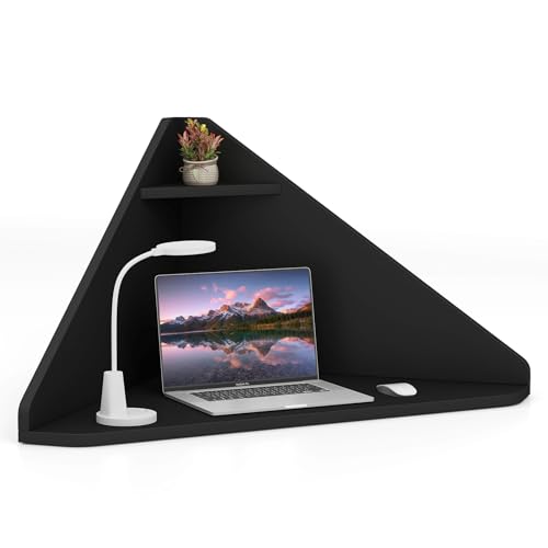 GOFLAME Floating Corner Desk, Wall Mounted Triangular Computer Desk w/Storage Shelf, Space-Saving Design, 90° Wooden Floating Home Office Desk for Writing, Working, Studying (Black) - color: Black