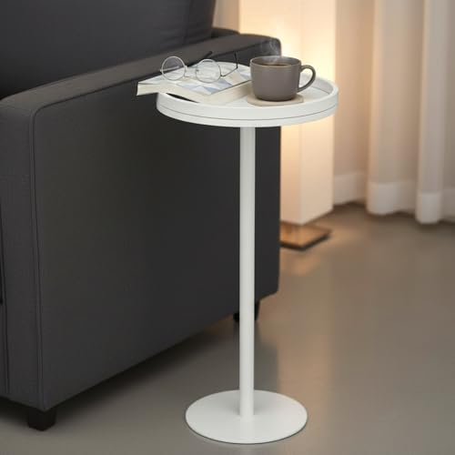 White Martini Table, Modern Small Round Side Table, Minimalist Metal & Wood Pedestal End Table with Weighted Base, White Drink Table for Living Room, Small Spaces,Next to Sofa, 24.7" Tall - color: White