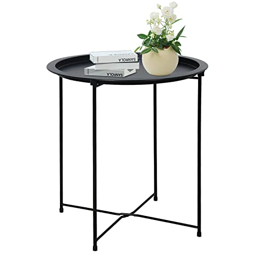 Garden 4 you End Table Metal Side Table Black Round Folding Tray Cyan Sofa Small Accent Fold-able Table, Round End Table Tray, Next to Sofa Table, Snack Table for Living Room and Bed Room - color: Black