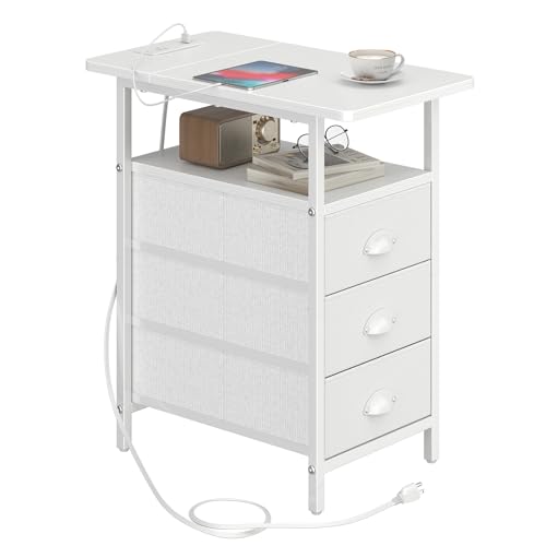 sthmec End Table with Charging Station, Side Tables Livingroom with USB Ports and Outlets,Narrow Nightstands Bedside Tables with 3 Drawers PU Finish for Small Space,Slim Sofa Table Bedroom,White - color: White, size: 11.75'' W*21'' D* 24.3'' H, style: Pow