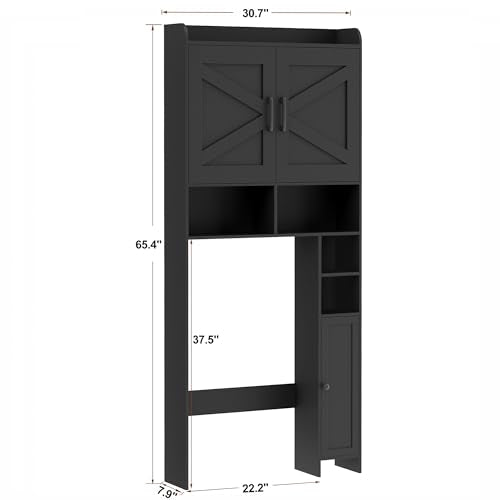 Homhedy Wooden Over The Toilet Storage Cabinet with Barn Door | Freestanding Bathroom Storage, Toilet Paper Holder, Adjustable Shelf,Space-Saving, Farmhouse Style, Black - color: Black
