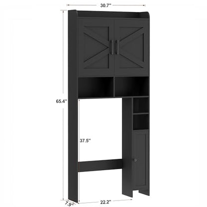 Homhedy Wooden Over The Toilet Storage Cabinet with Barn Door | Freestanding Bathroom Storage, Toilet Paper Holder, Adjustable Shelf,Space-Saving, Farmhouse Style, Black - color: Black
