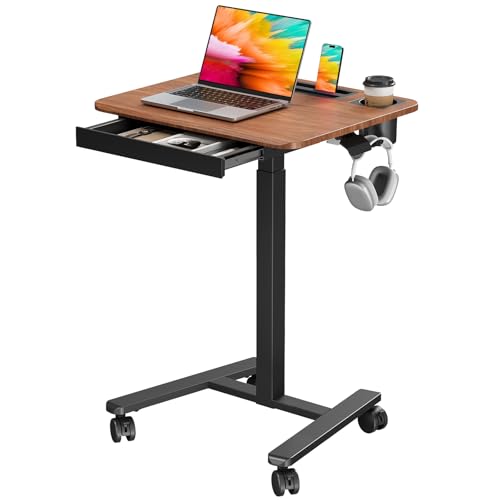 Small Mobile Standing Desk with Drawer, 23.6"x19.7" Rolling Laptop Cart on Wheels, Height Adjustable Sit Stand Computer Workstation with Storage for Compact Space, Dark Wood - color: Dark Wood, size: 24"