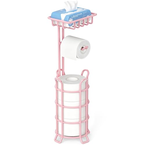 TomCare Toilet Paper Holder Stand with Storage Shelf Tissue Paper Roll Dispenser Free Standing 4 Raised Feet Toilet Paper Storage Metal Bathroom Organizers and Storage, Pink - color: Pink, size: With Shelf